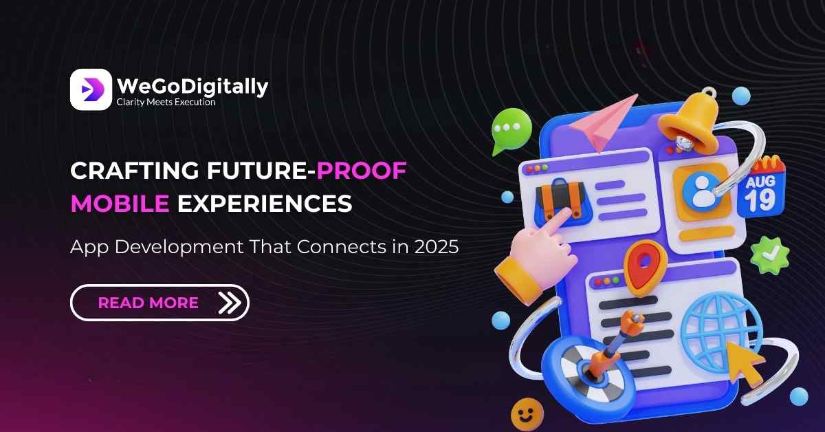 Future-proof app development 2025 concept illustration showing mobile UI, navigation icons, notifications, and global connectivity elements. Future-proof app development 2025